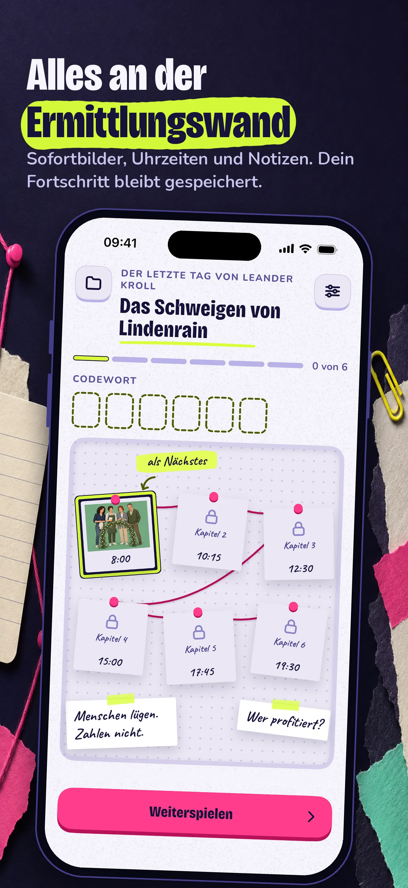 Ermittlungswand in Sudocrime mit Sofortbildern, Uhrzeiten und Codewort