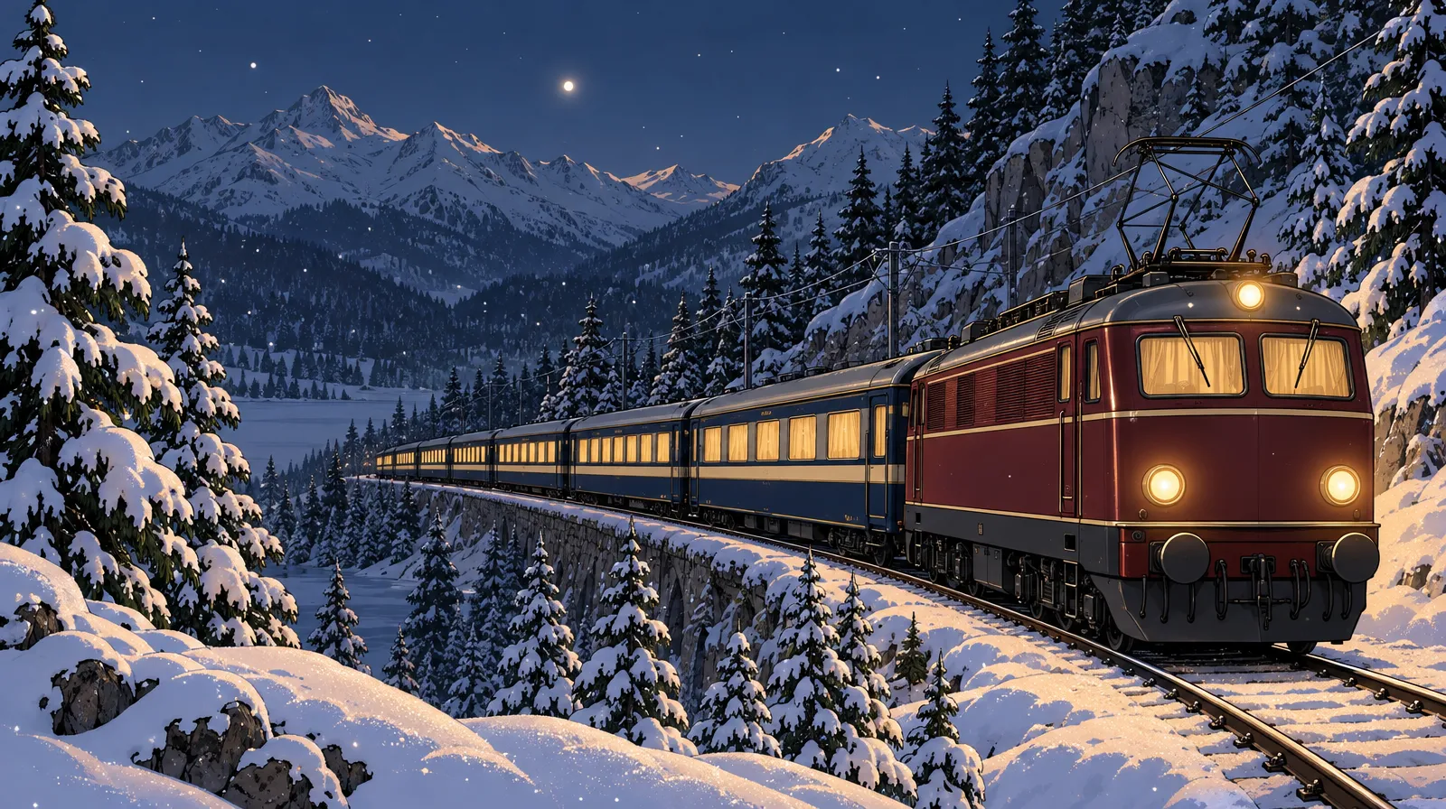 Cover of “The Venice Night Train”: a train with lit windows in snowy mountains at night