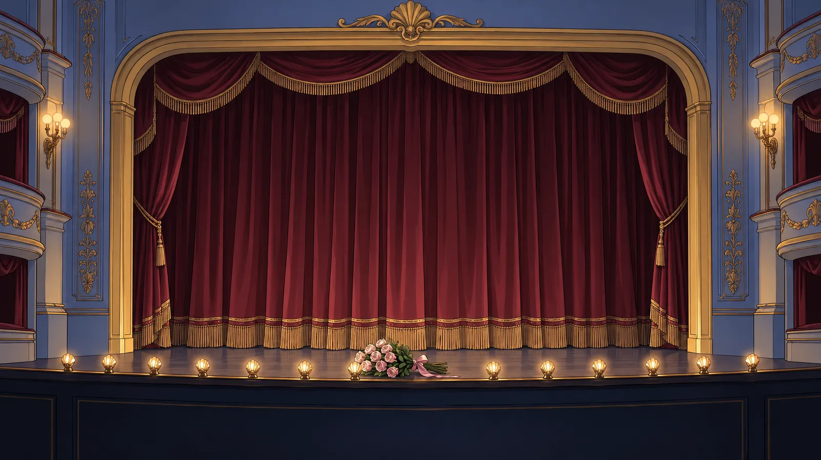 Cover of “The Nightingale of the Odeon”: a theater stage with a red curtain, footlights and a bouquet of roses