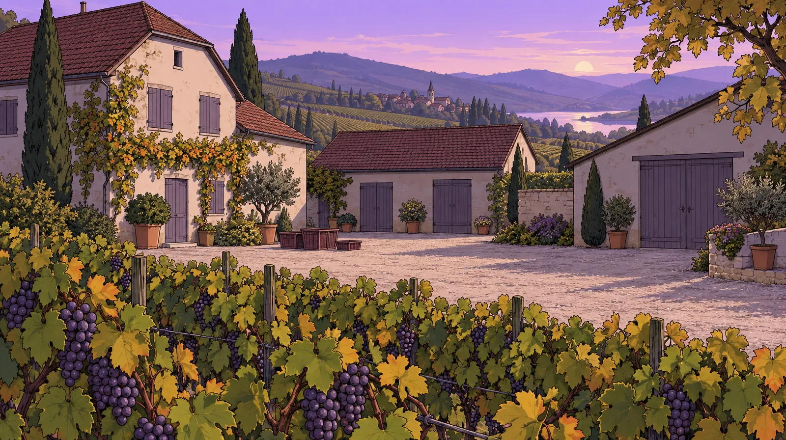 Cover of the practice case: a winery courtyard with ripe grapes in the evening sun