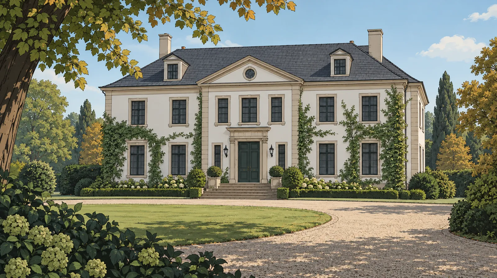 Cover of “Silence at Lindenrain”: a manor house with a gravel drive in autumn